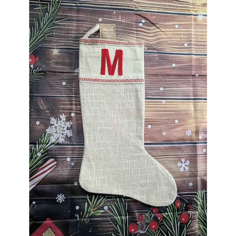 NEW Letter "M" Embroidered Beige Burlap Shimmer Christmas Stocking 20" Holiday